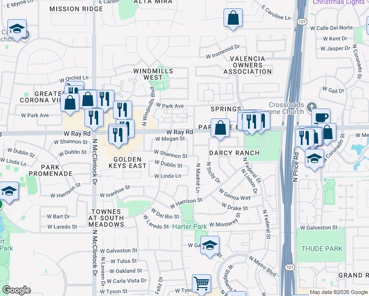 map of restaurants, bars, coffee shops, grocery stores, and more near 961 North Kenwood Lane in Chandler