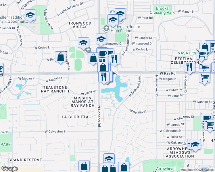 map of restaurants, bars, coffee shops, grocery stores, and more near 1949 West Ray Road in Chandler