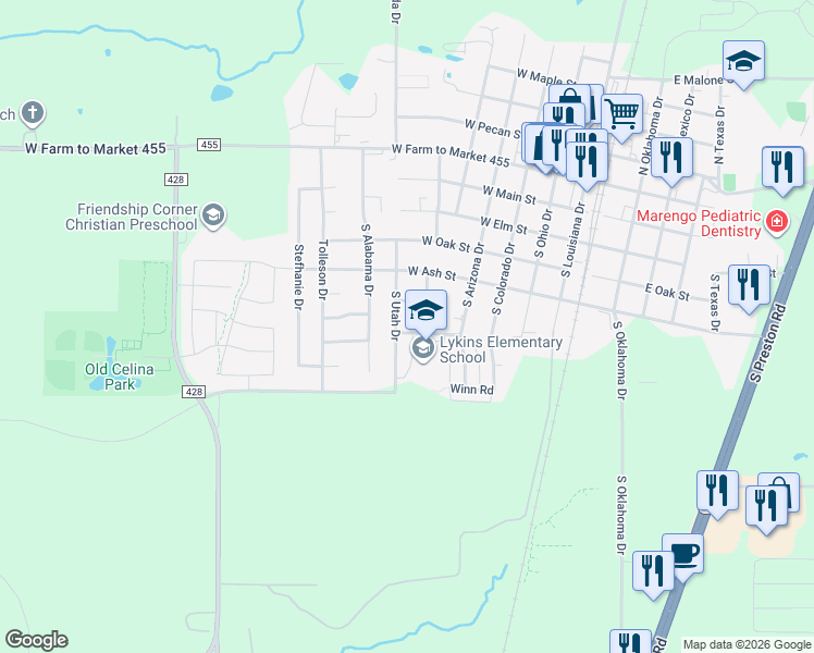 map of restaurants, bars, coffee shops, grocery stores, and more near 606 West Sycamore Street in Celina