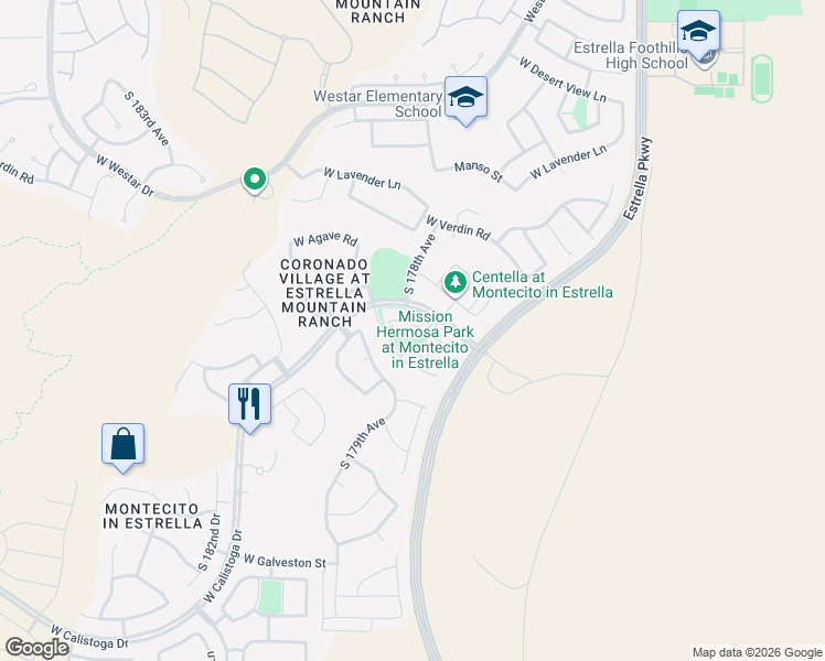 map of restaurants, bars, coffee shops, grocery stores, and more near 17782 West Granite View Drive in Goodyear