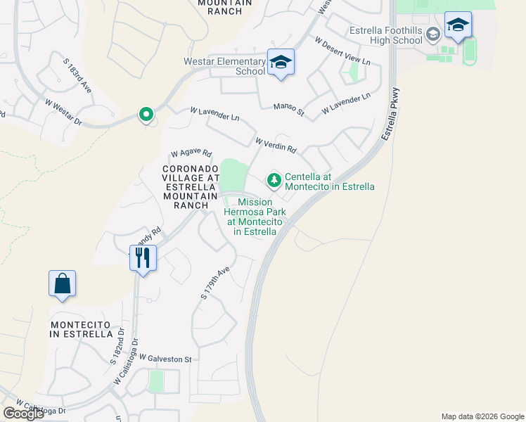 map of restaurants, bars, coffee shops, grocery stores, and more near 17737 West Cassia Way in Goodyear