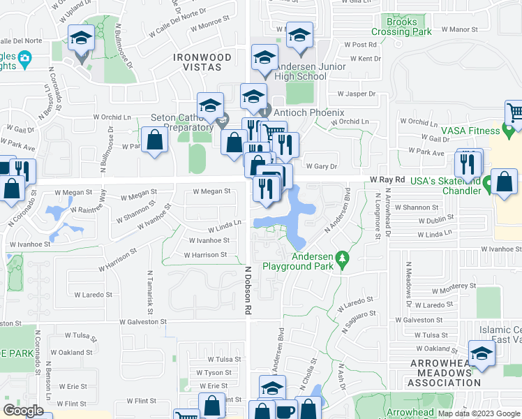 map of restaurants, bars, coffee shops, grocery stores, and more near 1959 West Ray Road in Chandler