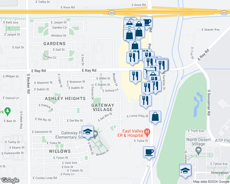 map of restaurants, bars, coffee shops, grocery stores, and more near 4571 East Oxford Lane in Gilbert
