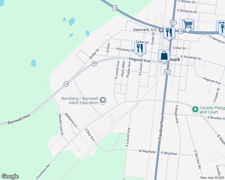 map of restaurants, bars, coffee shops, grocery stores, and more near 413 South Laurel Avenue in Denmark