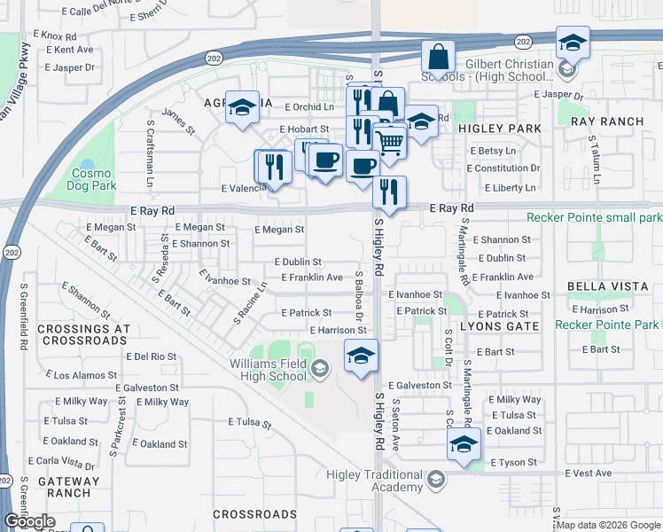 map of restaurants, bars, coffee shops, grocery stores, and more near 3113 East Dublin Street in Gilbert