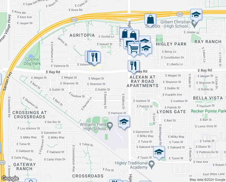 map of restaurants, bars, coffee shops, grocery stores, and more near 3089 East Dublin Street in Gilbert