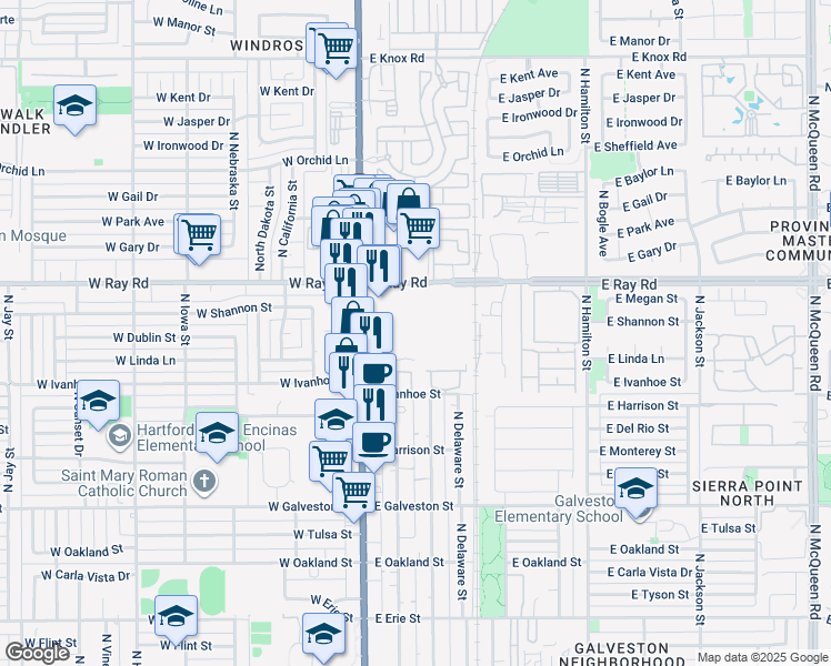 map of restaurants, bars, coffee shops, grocery stores, and more near 235 East Ray Road in Chandler