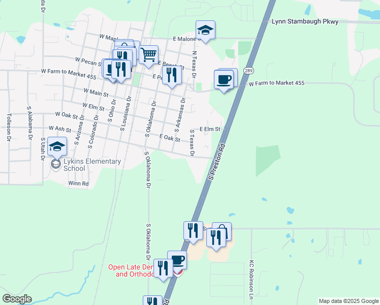 map of restaurants, bars, coffee shops, grocery stores, and more near 402 South Texas Drive in Celina