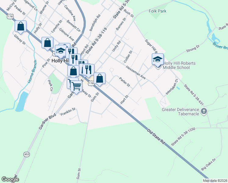 map of restaurants, bars, coffee shops, grocery stores, and more near 635 Peake Street in Holly Hill