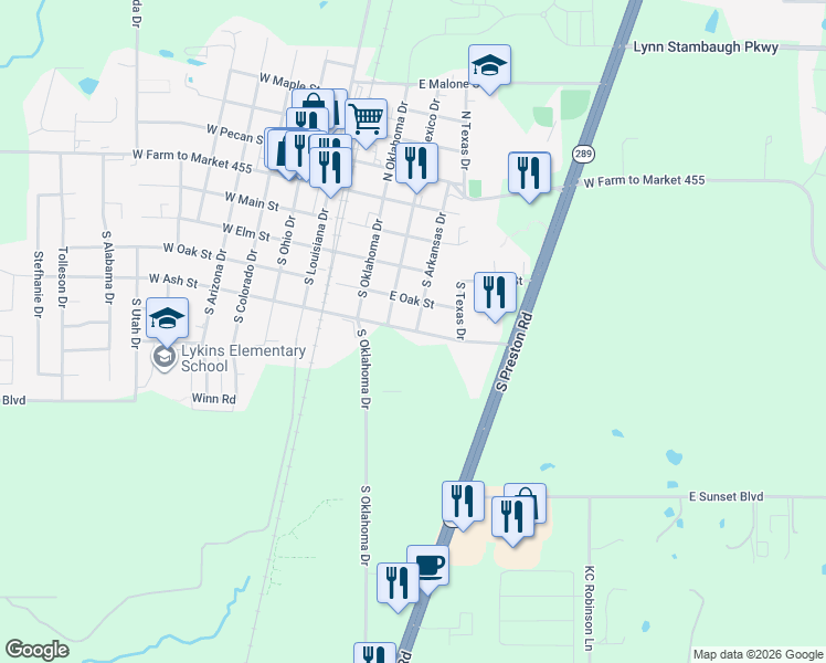 map of restaurants, bars, coffee shops, grocery stores, and more near 405 East Ash Street in Celina