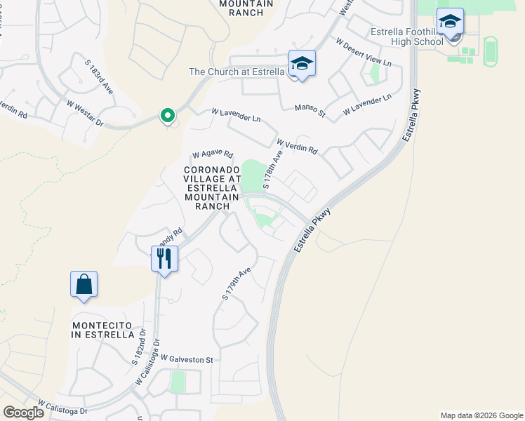 map of restaurants, bars, coffee shops, grocery stores, and more near 17782 West Granite View Drive in Goodyear