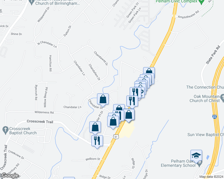 map of restaurants, bars, coffee shops, grocery stores, and more near 1902 Chandalar Court in Pelham