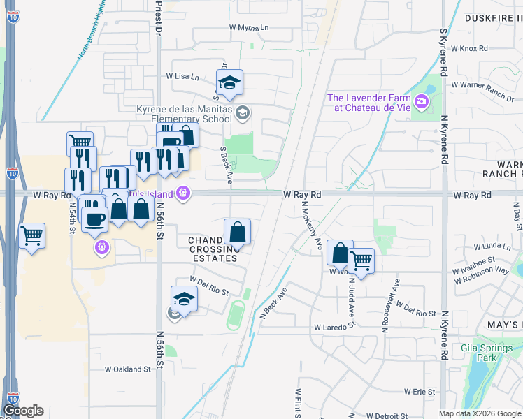 map of restaurants, bars, coffee shops, grocery stores, and more near 6611 West Megan Street in Chandler