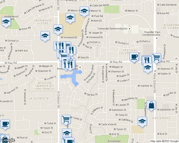 map of restaurants, bars, coffee shops, grocery stores, and more near 1825 West Ray Road in Chandler