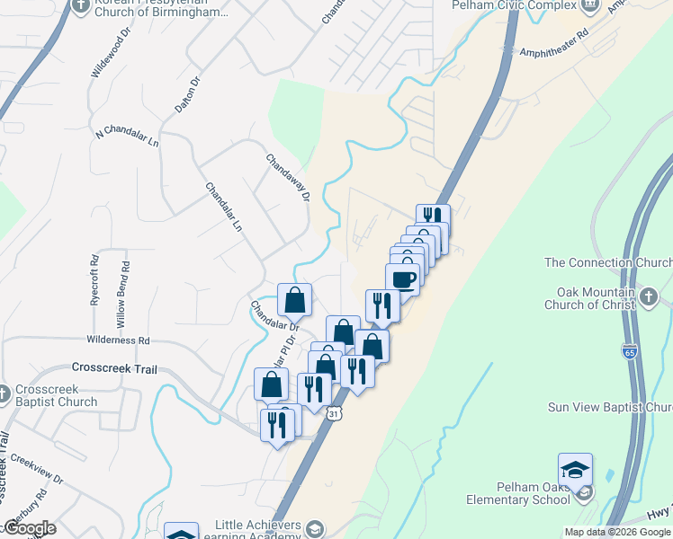 map of restaurants, bars, coffee shops, grocery stores, and more near 1996 Chandalar Court in Pelham