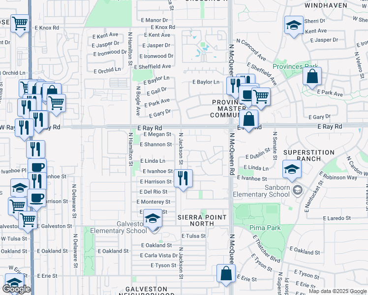 map of restaurants, bars, coffee shops, grocery stores, and more near 860 North McQueen Road in Chandler