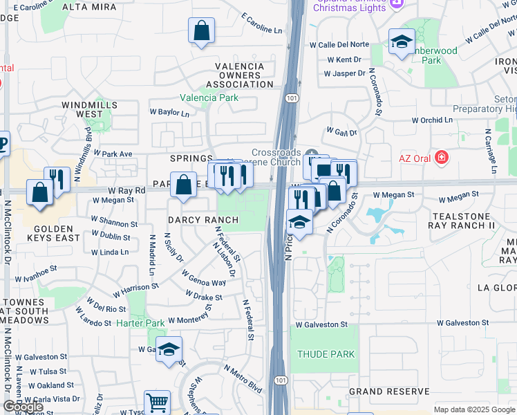 map of restaurants, bars, coffee shops, grocery stores, and more near 956 South Price Road in Chandler
