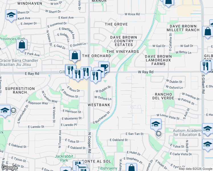 map of restaurants, bars, coffee shops, grocery stores, and more near 660 West Dublin Street in Gilbert