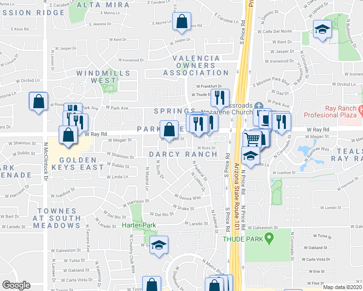 map of restaurants, bars, coffee shops, grocery stores, and more near 971 North Florence Drive in Chandler