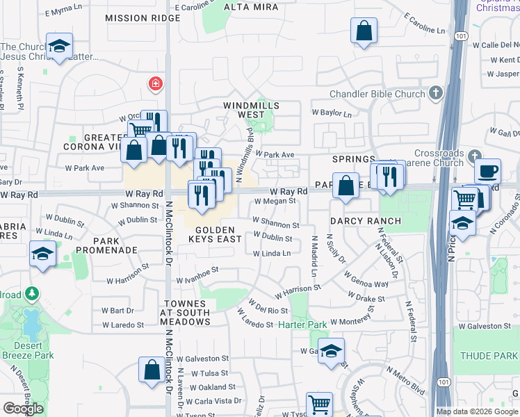 map of restaurants, bars, coffee shops, grocery stores, and more near 961 North Criss Street in Chandler