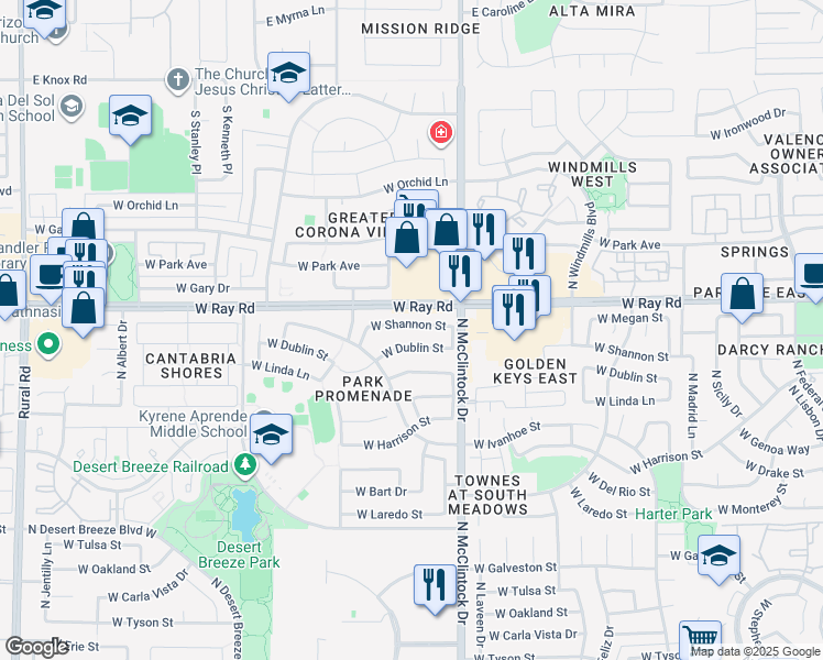 map of restaurants, bars, coffee shops, grocery stores, and more near 4124 West Shannon Street in Chandler