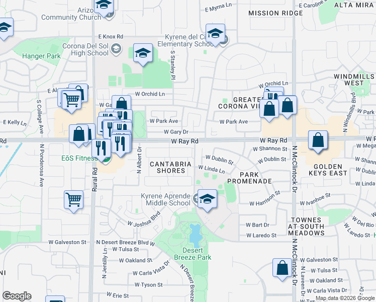 map of restaurants, bars, coffee shops, grocery stores, and more near 972 North Lakeshore Place in Chandler