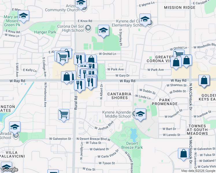 map of restaurants, bars, coffee shops, grocery stores, and more near 979 North Albert Drive in Chandler