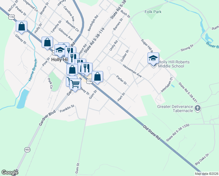 map of restaurants, bars, coffee shops, grocery stores, and more near 635 Peake Street in Holly Hill