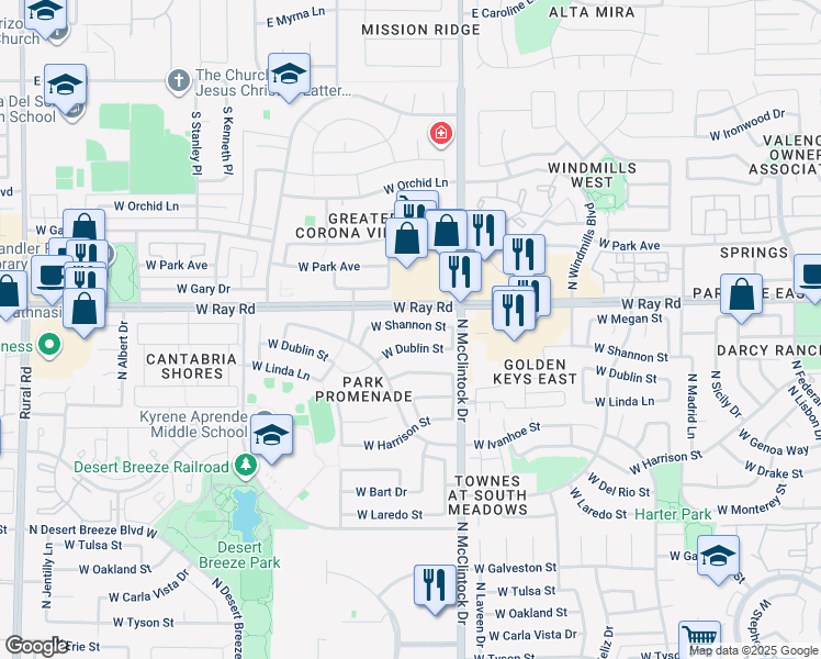 map of restaurants, bars, coffee shops, grocery stores, and more near 4124 West Shannon Street in Chandler