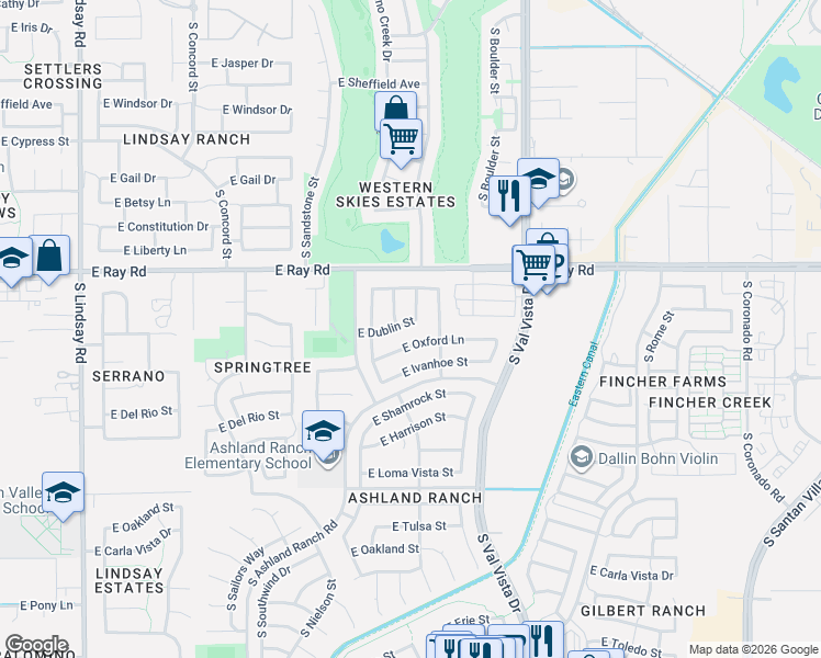 map of restaurants, bars, coffee shops, grocery stores, and more near 1689 South Quartz Street in Gilbert