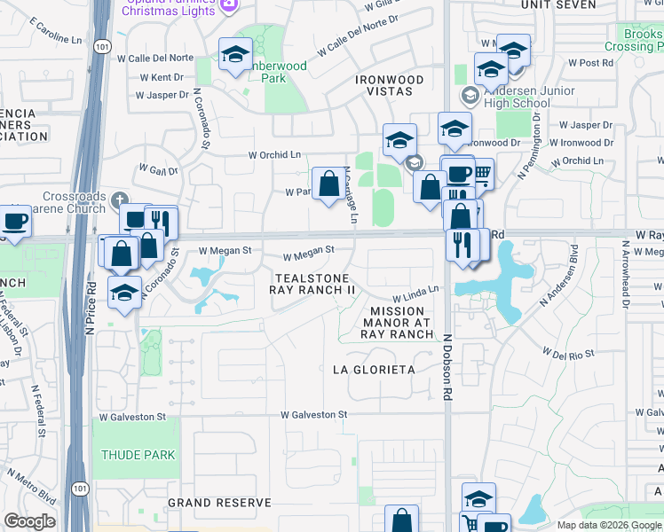 map of restaurants, bars, coffee shops, grocery stores, and more near 2315 West Shannon Street in Chandler