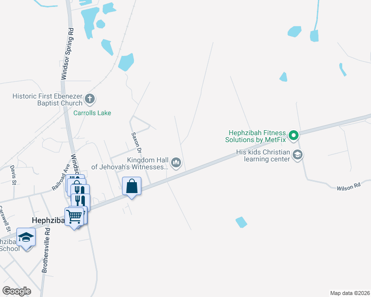 map of restaurants, bars, coffee shops, grocery stores, and more near 4386 Clements Road in Hephzibah
