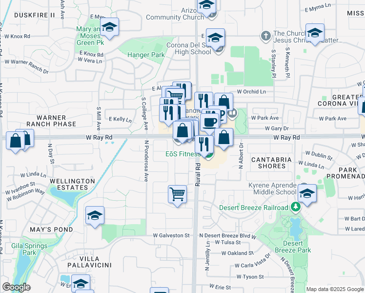 map of restaurants, bars, coffee shops, grocery stores, and more near 5055 West Ray Road in Chandler