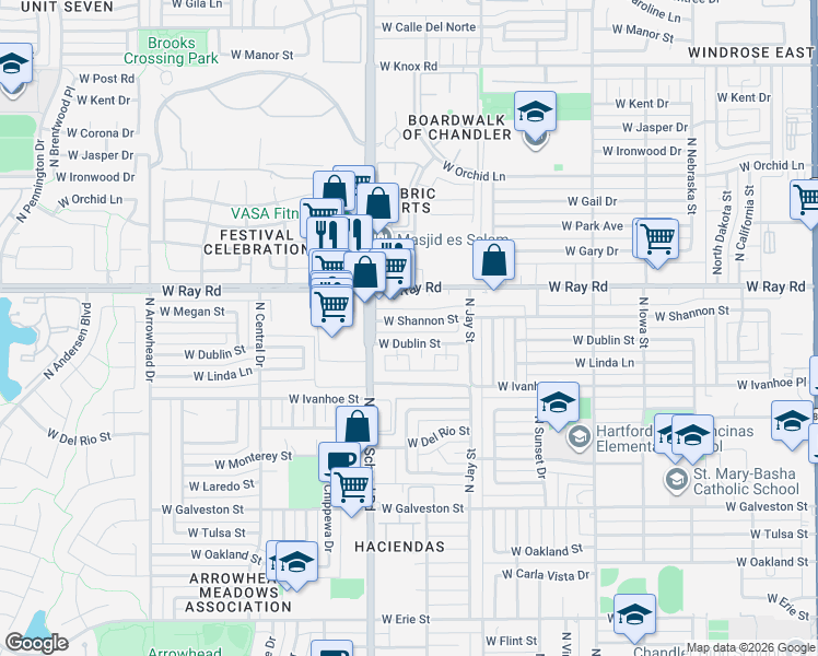 map of restaurants, bars, coffee shops, grocery stores, and more near 881 West Shannon Street in Chandler