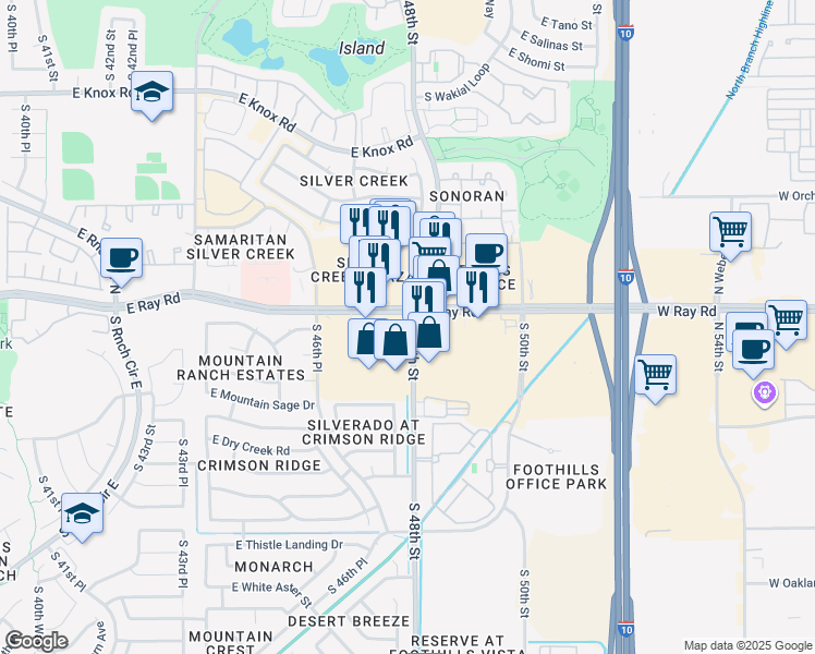 map of restaurants, bars, coffee shops, grocery stores, and more near 4735 East Ray Road in Phoenix