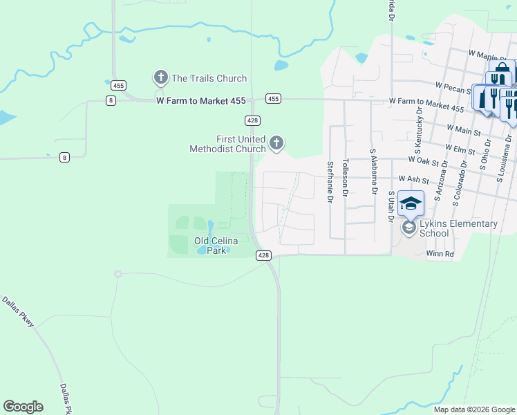 map of restaurants, bars, coffee shops, grocery stores, and more near 517 Yellowstone Drive in Celina