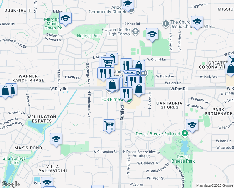 map of restaurants, bars, coffee shops, grocery stores, and more near 5055 West Ray Road in Chandler