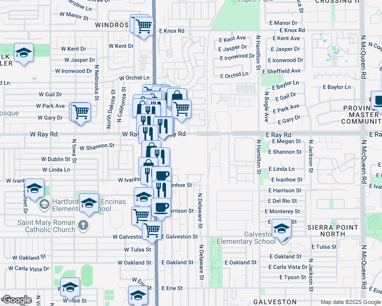 map of restaurants, bars, coffee shops, grocery stores, and more near 235 East Ray Road in Chandler