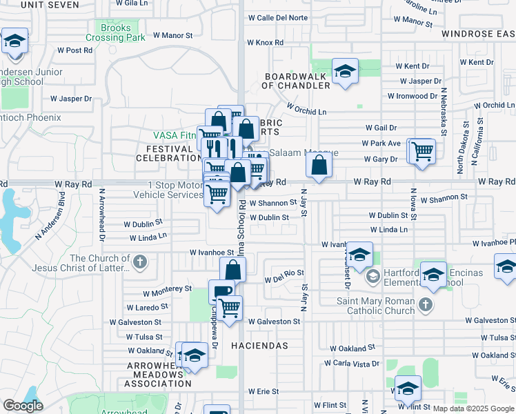 map of restaurants, bars, coffee shops, grocery stores, and more near 881 West Shannon Street in Chandler