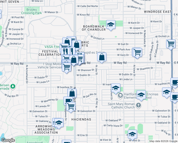 map of restaurants, bars, coffee shops, grocery stores, and more near 845 West Shannon Street in Chandler