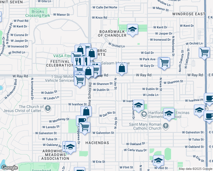 map of restaurants, bars, coffee shops, grocery stores, and more near 845 West Shannon Street in Chandler