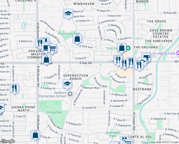 map of restaurants, bars, coffee shops, grocery stores, and more near 1602 East Shannon Street in Chandler