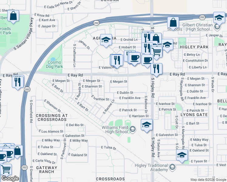 map of restaurants, bars, coffee shops, grocery stores, and more near 2979 East Shannon Street in Gilbert