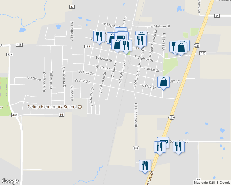 map of restaurants, bars, coffee shops, grocery stores, and more near 501 South Louisiana Drive in Celina