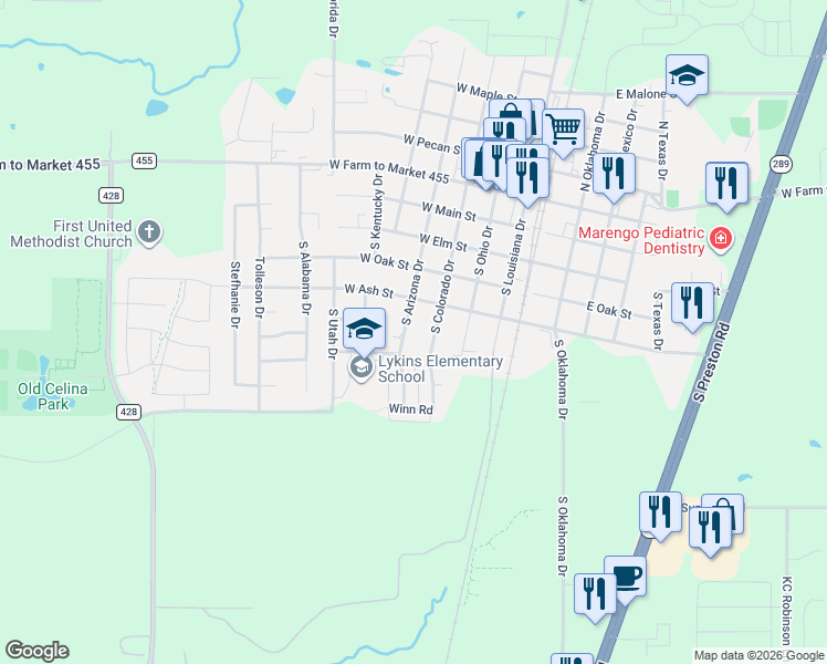 map of restaurants, bars, coffee shops, grocery stores, and more near 509 South Colorado Street in Celina