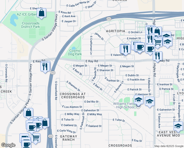 map of restaurants, bars, coffee shops, grocery stores, and more near 2692 East Dublin Street in Gilbert