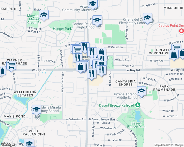 map of restaurants, bars, coffee shops, grocery stores, and more near 4989 West Ray Road in Chandler