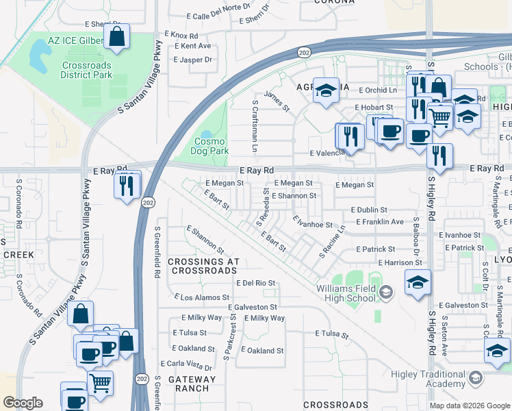 map of restaurants, bars, coffee shops, grocery stores, and more near 2692 East Dublin Street in Gilbert