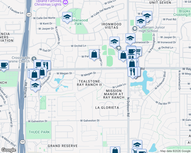map of restaurants, bars, coffee shops, grocery stores, and more near 2315 West Shannon Street in Chandler