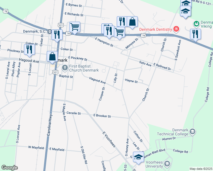 map of restaurants, bars, coffee shops, grocery stores, and more near 139 Hagood Avenue in Denmark